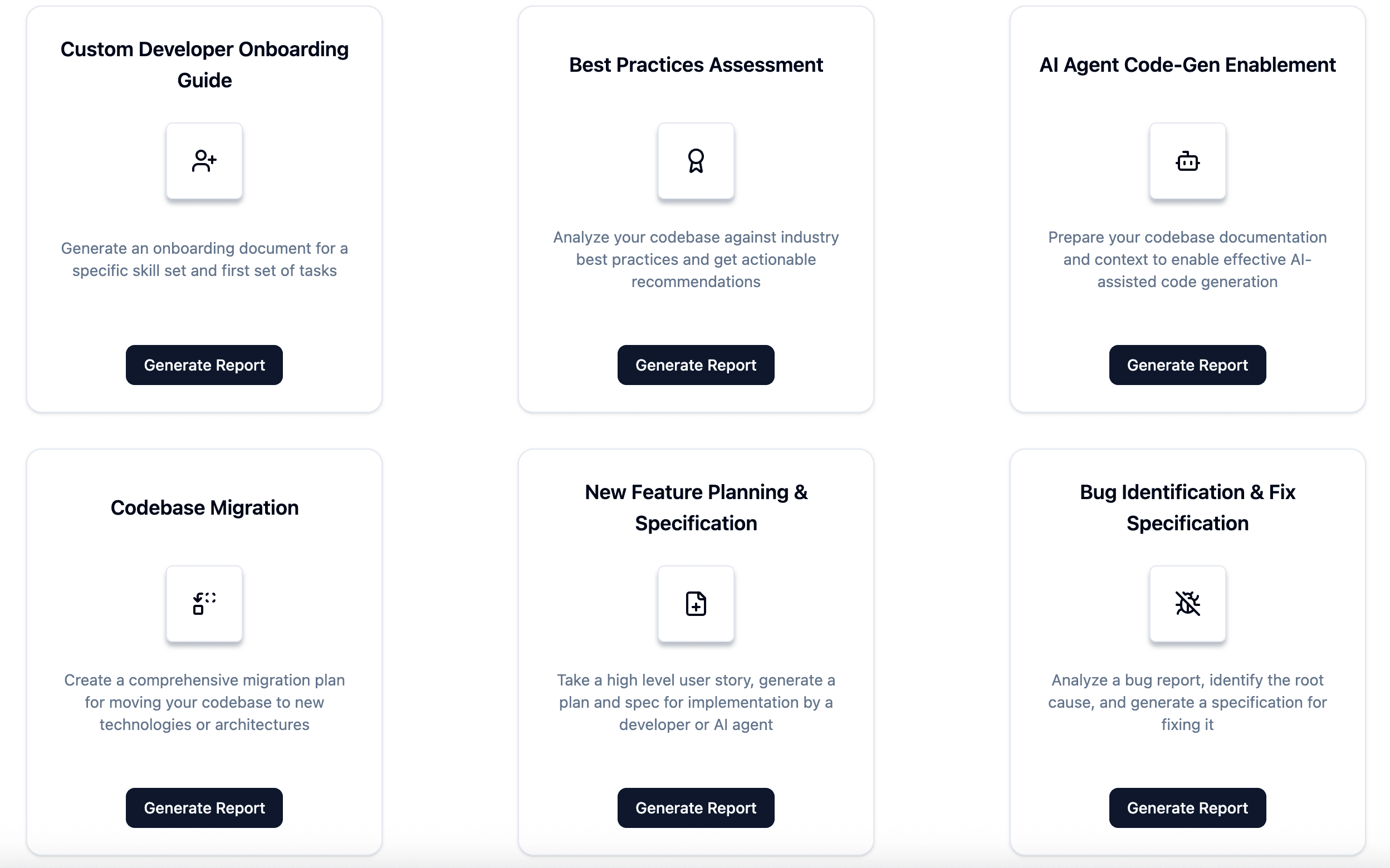 Custom Reports — report type cards grid showing available report templates