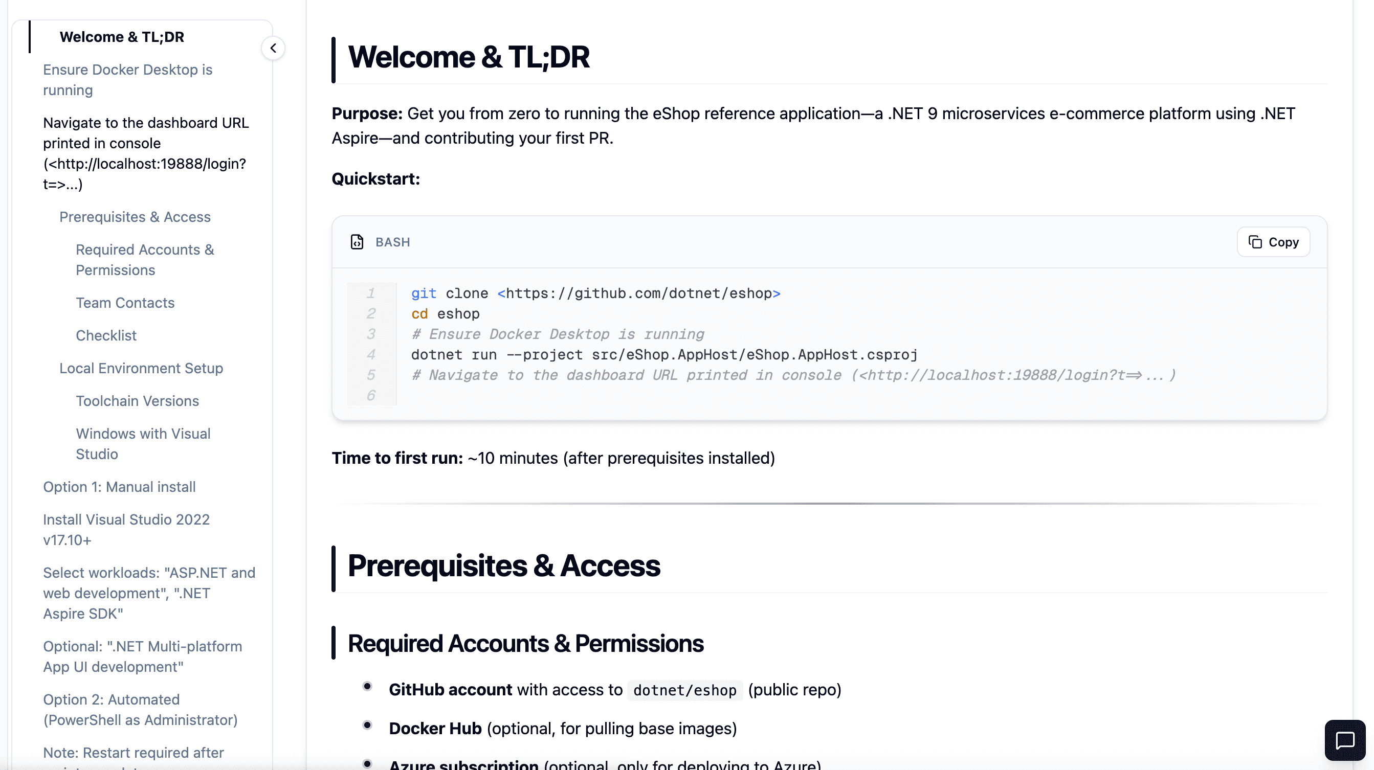 Developer Onboarding — quickstart guide with TL;DR and code blocks