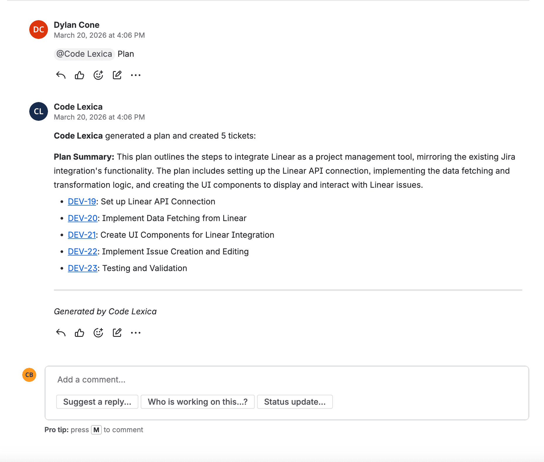 @CodeLexica Plan generating a multi-ticket epic from a feature idea