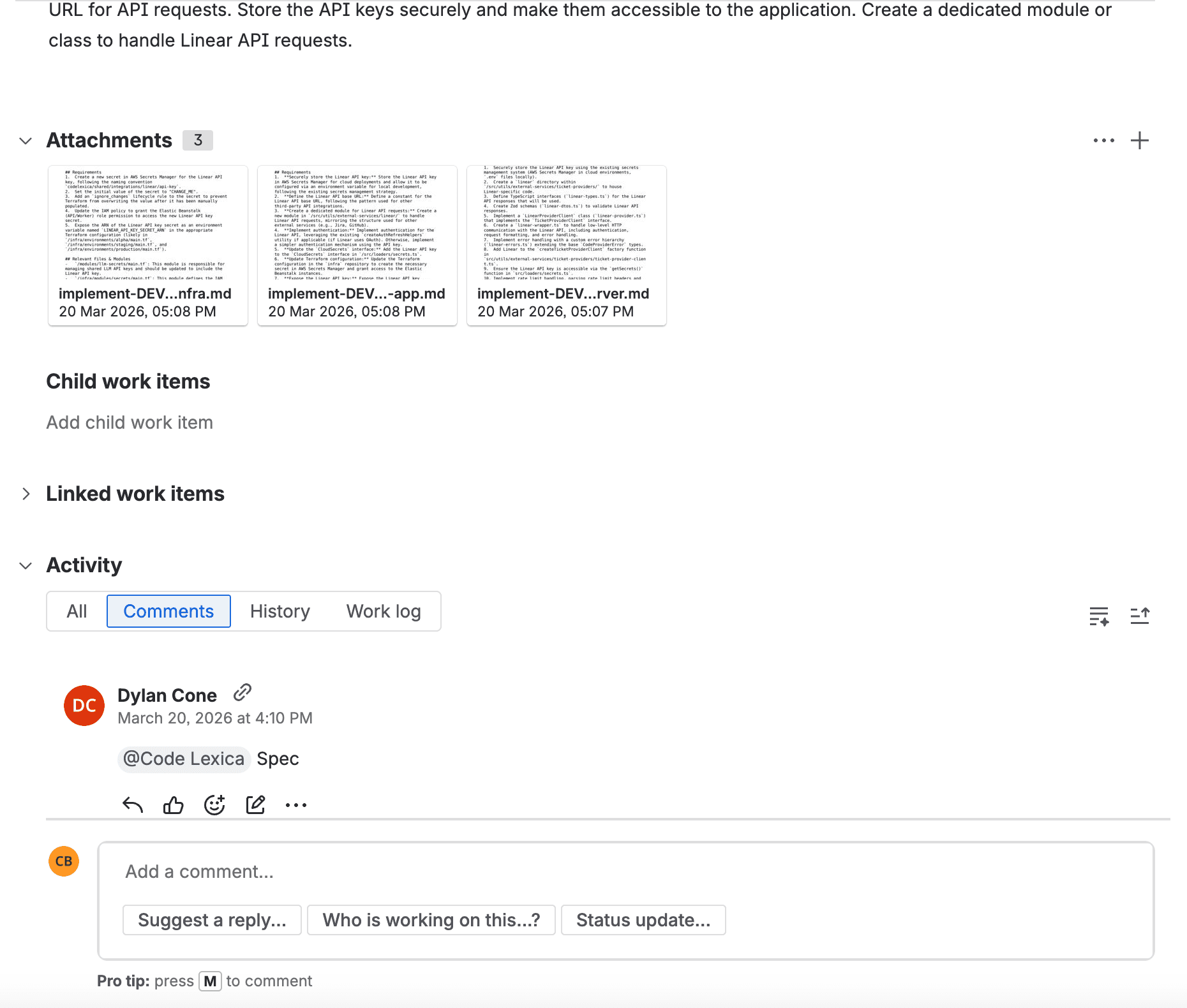 @CodeLexica Spec generating a context-rich spec on a ticket