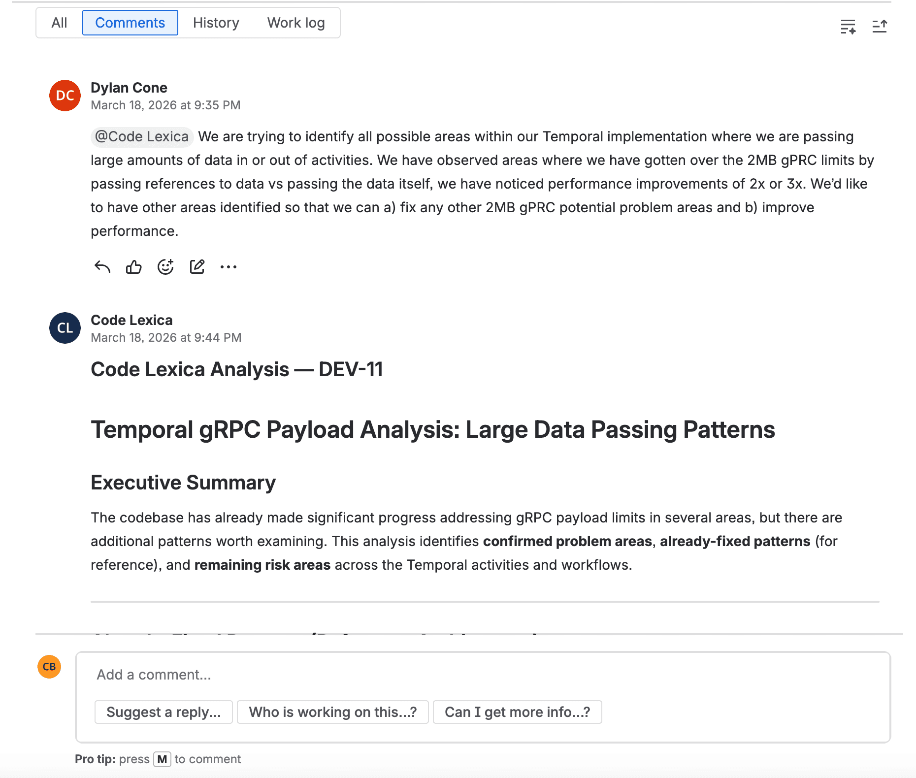 Inline product research answered by @CodeLexica in a ticket comment