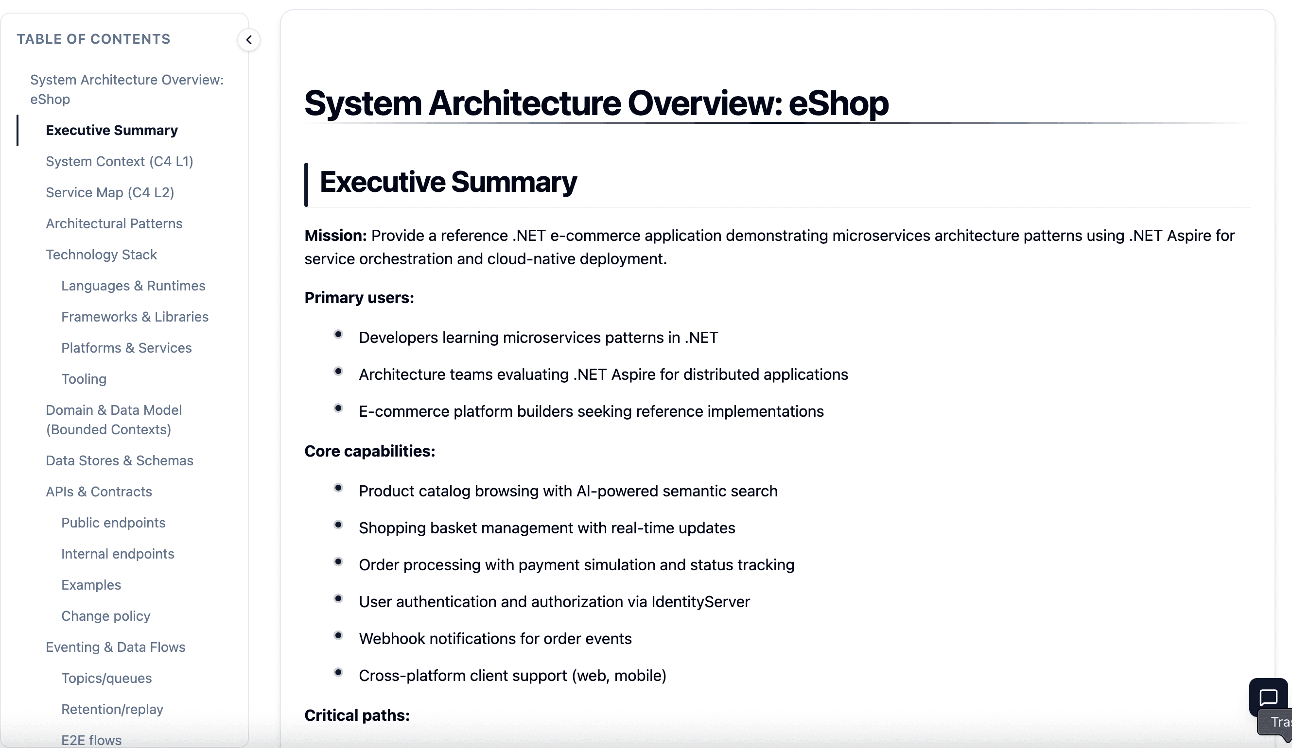 System Overview Report — executive summary with table of contents