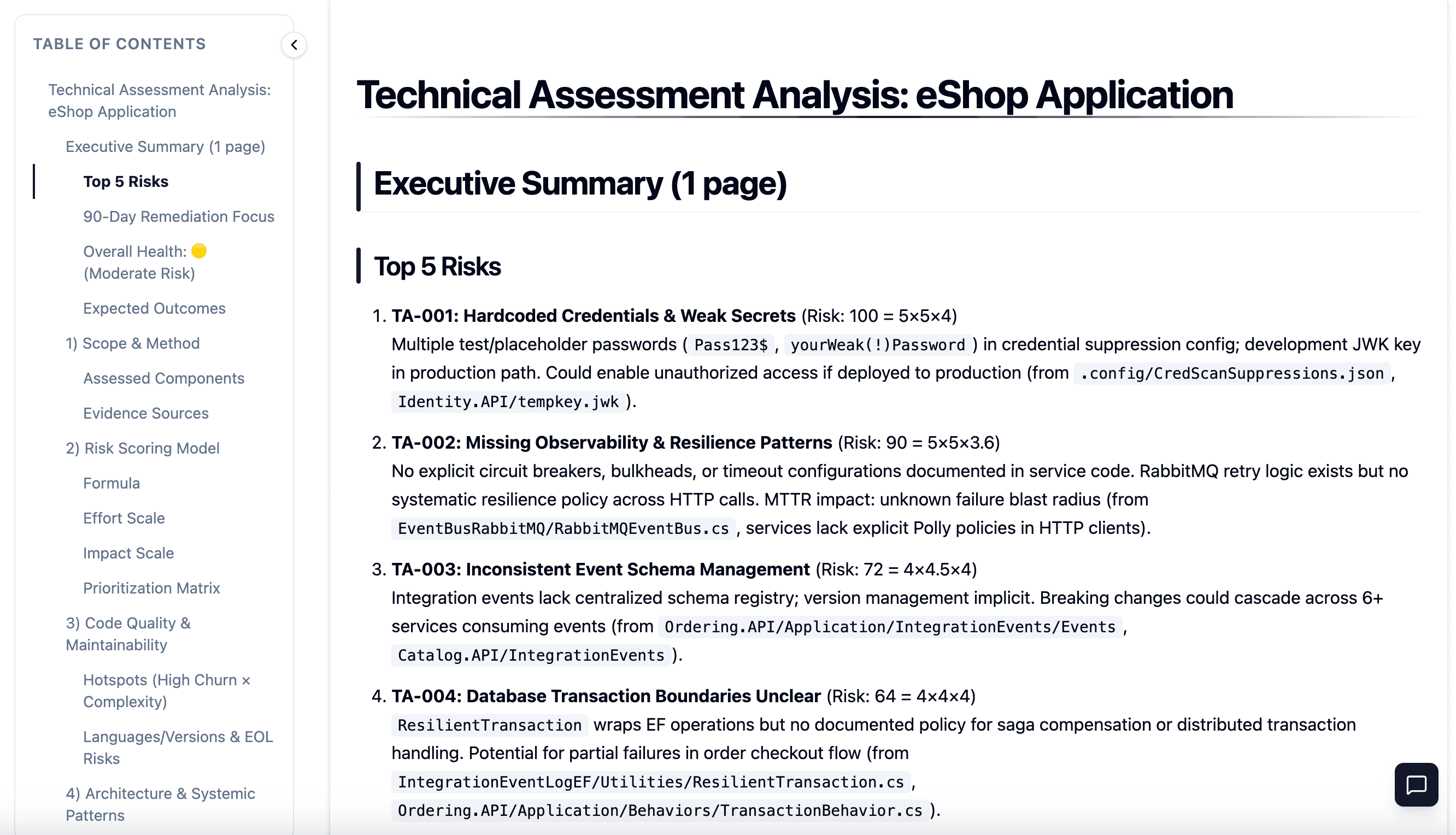 Technical Assessment — top 5 risks identified with severity ratings